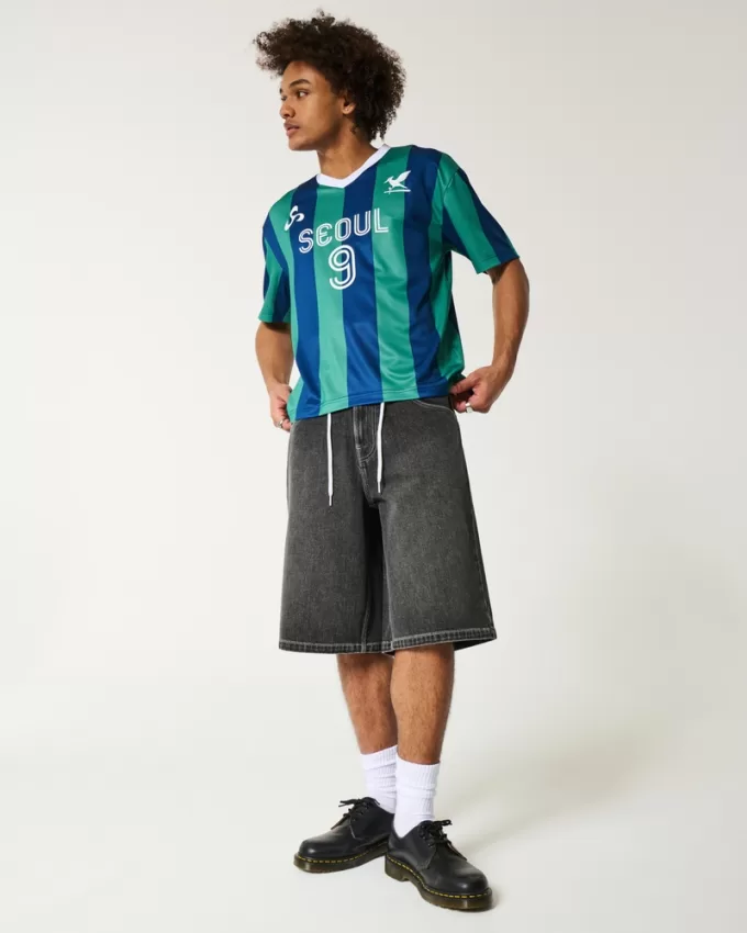 Below-the-Knee Washed Black Super Baggy Denim Shorts,Below-the-Knee Washed Black Super Baggy Denim Shorts