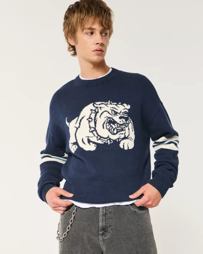 Boxy Bulldog Graphic Crew Sweater,Boxy Bulldog Graphic Crew Sweater
