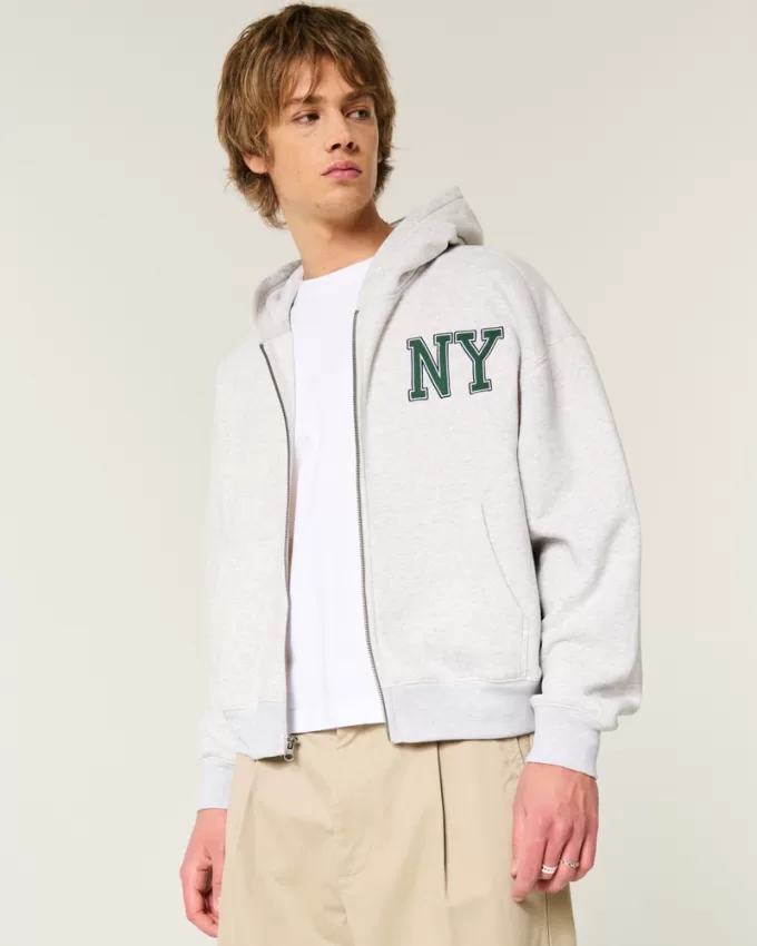 Boxy Crop NY Graphic Zip-Up Hoodie,Boxy Crop NY Graphic Zip-Up Hoodie