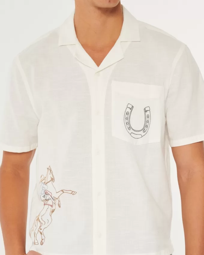 Boxy Cropped Embroidered Graphic Workwear Shirt,Boxy Cropped Embroidered Graphic Workwear Shirt