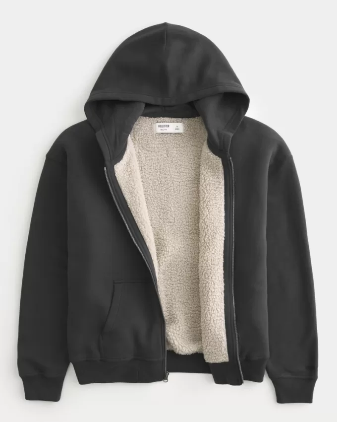 Boxy Faux Shearling-Lined Zip-Up Hoodie,Boxy Faux Shearling-Lined Zip-Up Hoodie