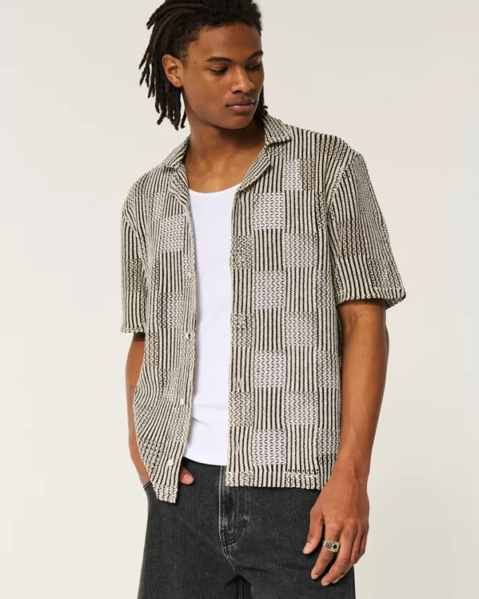 Boxy Short-Sleeve Crochet-Style Shirt,Boxy Short-Sleeve Crochet-Style Shirt