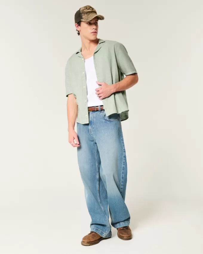 Boxy Short-Sleeve Linen-Blend Shirt,Boxy Short-Sleeve Linen-Blend Shirt