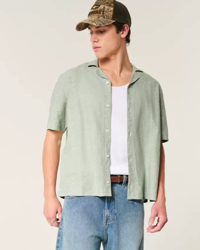 Boxy Short-Sleeve Linen-Blend Shirt,Boxy Short-Sleeve Linen-Blend Shirt