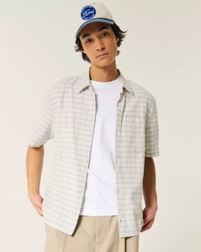 Boxy Short-Sleeve Plaid Shirt,Boxy Short-Sleeve Plaid Shirt