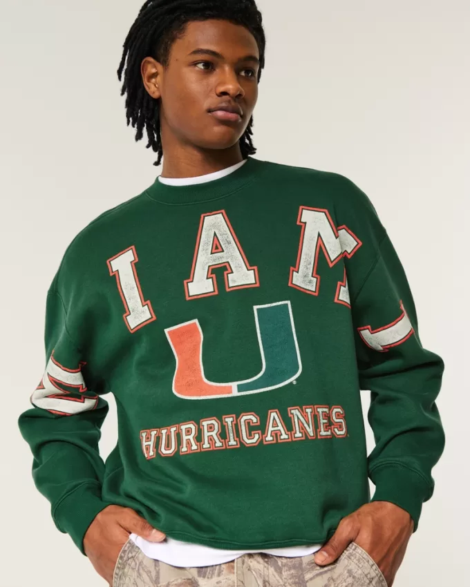 Boxy University of Miami Hurricanes Graphic Crew Sweatshirt,Boxy University of Miami Hurricanes Graphic Crew Sweatshirt