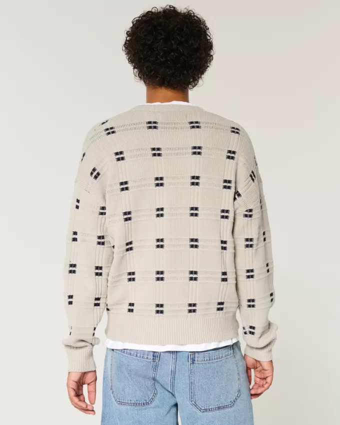 Boxy Windowpane Stitch Crew Sweater,Boxy Windowpane Stitch Crew Sweater