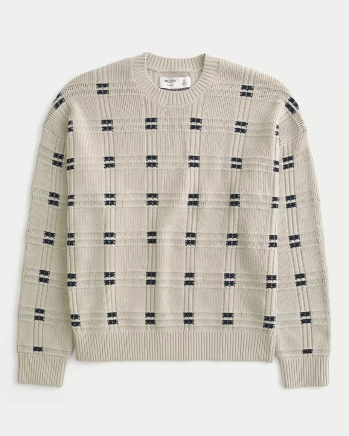 Boxy Windowpane Stitch Crew Sweater,Boxy Windowpane Stitch Crew Sweater