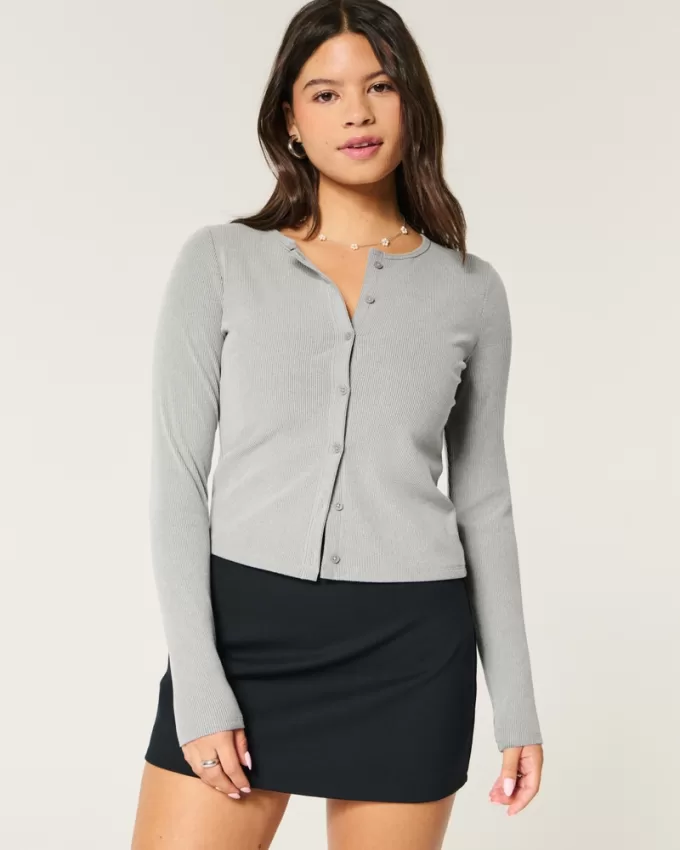 Cozy Ribbed Seamless Button-Through Crew Top,Cozy Ribbed Seamless Button-Through Crew Top Cozy Ribbed Seamless Button-Through Crew Top,Cozy Ribbed Seamless Button-Through Crew Top