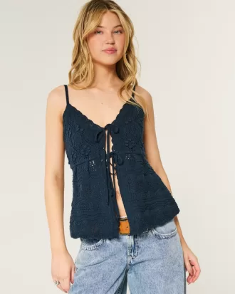 Crochet-Style Tie-Front Sweater Tank,Crochet-Style Tie-Front Sweater Tank