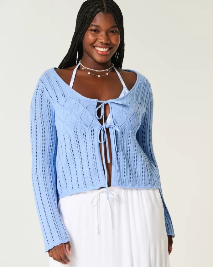 Crochet-Style Tie-Front Textured Sweater,Crochet-Style Tie-Front Textured Sweater Crochet-Style Tie-Front Textured Sweater,Crochet-Style Tie-Front Textured Sweater