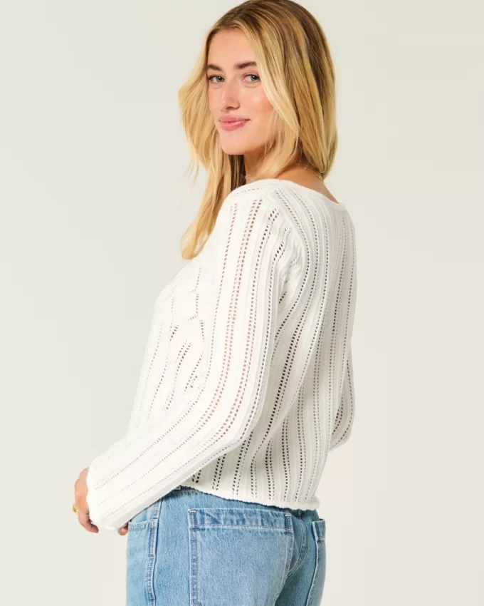Crochet-Style Tie-Front Textured Sweater,Crochet-Style Tie-Front Textured Sweater