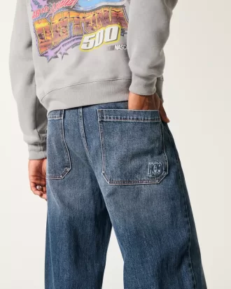 Dark Wash Logo Embroidery Super Baggy Jeans,Dark Wash Logo Embroidery Super Baggy Jeans