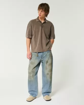 Distressed Greased Medium Wash Baggy Jeans,Distressed Greased Medium Wash Baggy Jeans