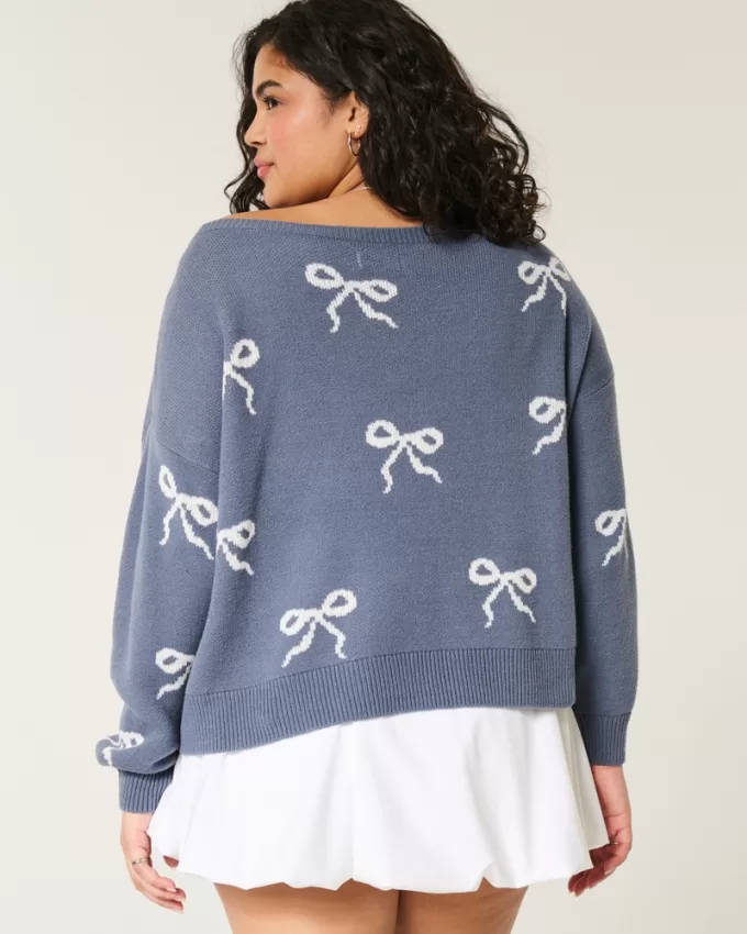 Easy Bow Graphic Off-the-Shoulder Sweater,Easy Bow Graphic Off-the-Shoulder Sweater