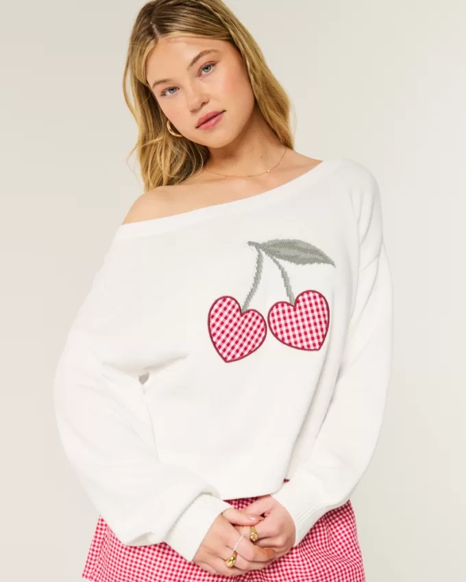 Easy Heart Graphic Off-the-Shoulder Sweater,Easy Heart Graphic Off-the-Shoulder Sweater