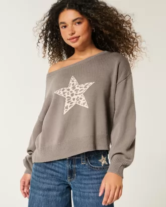 Easy Off-the-Shoulder Star Graphic Sweater,Easy Off-the-Shoulder Star Graphic Sweater Easy Off-the-Shoulder Star Graphic Sweater,Easy Off-the-Shoulder Star Graphic Sweater