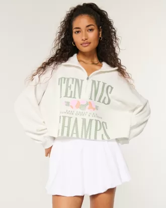 Easy Tennis Graphic Half-Zip Cutoff Sweatshirt,Easy Tennis Graphic Half-Zip Cutoff Sweatshirt