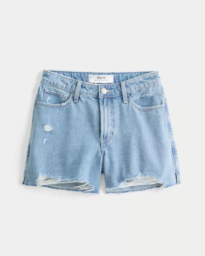 High-Rise Ripped Medium Wash Relaxed Denim Shorts 5″,High-Rise Ripped Medium Wash Relaxed Denim Shorts 5″