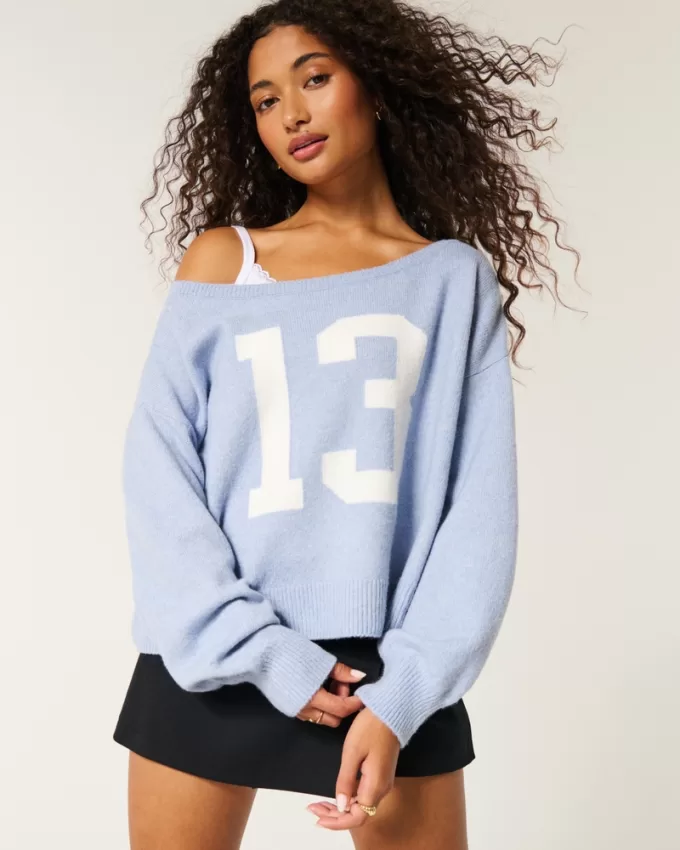 Hollister Comfy Cloud Easy Off-the-Shoulder Number Graphic Sweater,Hollister Comfy Cloud Easy Off-the-Shoulder Number Graphic Sweater