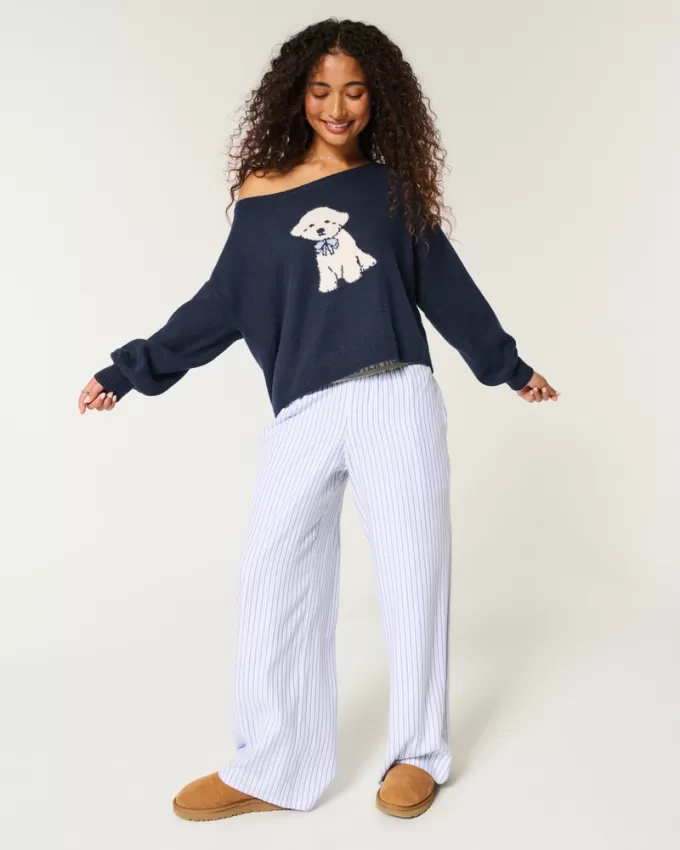 Hollister Comfy Cloud Easy Off-the-Shoulder Puppy Graphic Sweater,Hollister Comfy Cloud Easy Off-the-Shoulder Puppy Graphic Sweater