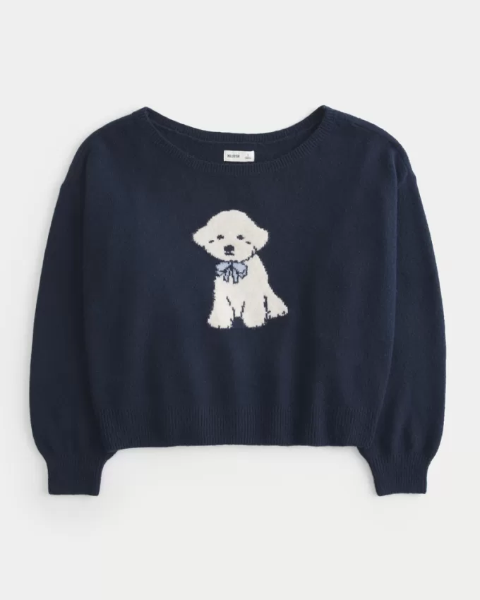 Hollister Comfy Cloud Easy Off-the-Shoulder Puppy Graphic Sweater,Hollister Comfy Cloud Easy Off-the-Shoulder Puppy Graphic Sweater
