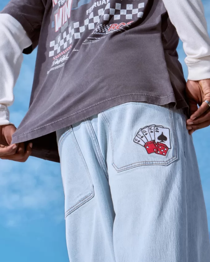 Light Wash Playing Cards Graphic Super Baggy Jeans,Light Wash Playing Cards Graphic Super Baggy Jeans