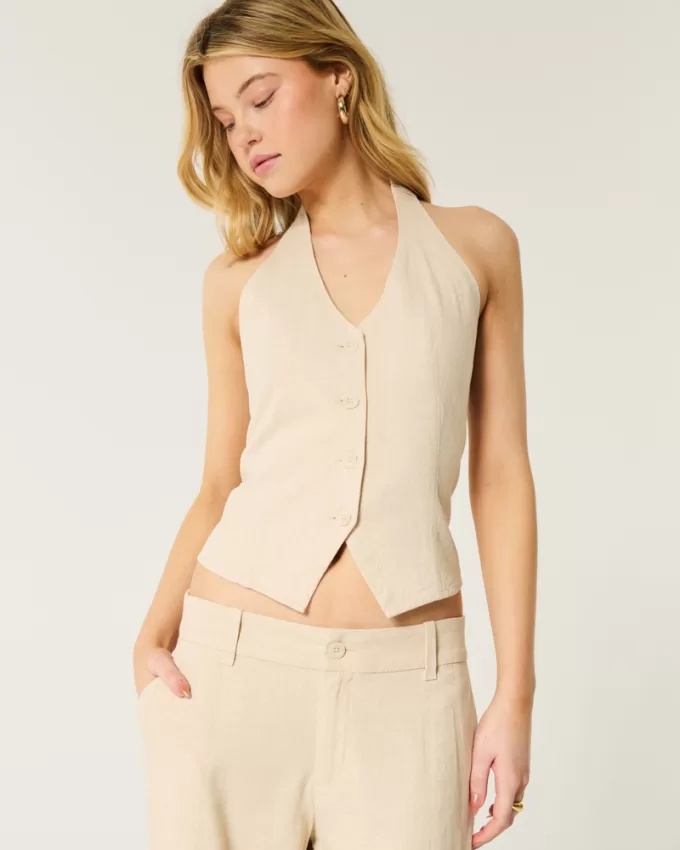 Linen-Blend Halter Vest,Linen-Blend Halter Vest Linen-Blend Halter Vest,Linen-Blend Halter Vest