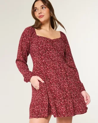 Long-Sleeve Cinch Bust Mini Dress,Long-Sleeve Cinch Bust Mini Dress