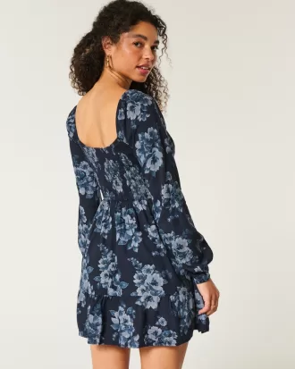 Long-Sleeve Cinch Bust Mini Dress,Long-Sleeve Cinch Bust Mini Dress