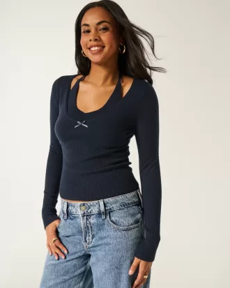 Long-Sleeve Halter Tie Sweater,Long-Sleeve Halter Tie Sweater