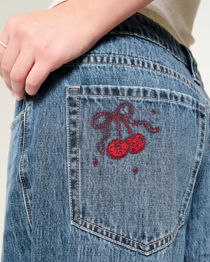 Low-Rise Medium Wash Cherry Embroidered Super Baggy Jeans,Low-Rise Medium Wash Cherry Embroidered Super Baggy Jeans