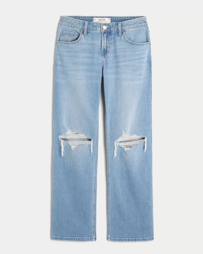 Low-Rise Ripped Medium Wash Relaxed Straight Jeans,Low-Rise Ripped Medium Wash Relaxed Straight Jeans