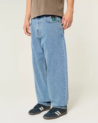 Medium Wash Embroidered Graphic Baggy Skater Jeans,Medium Wash Embroidered Graphic Baggy Skater Jeans