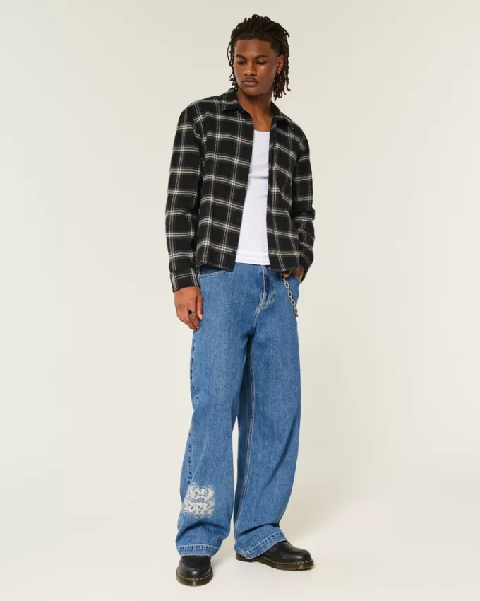 Medium Wash NYC Graphic Super Baggy Jeans,Medium Wash NYC Graphic Super Baggy Jeans