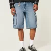 Medium Wash Super Baggy Denim Cargo Shorts,Medium Wash Super Baggy Denim Cargo Shorts