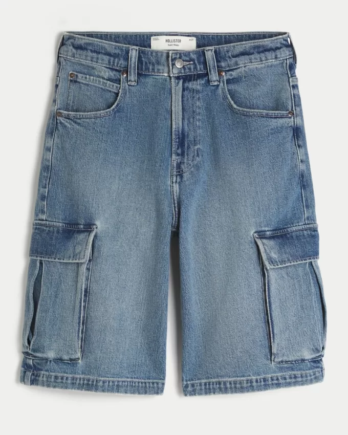 Medium Wash Super Baggy Denim Cargo Shorts,Medium Wash Super Baggy Denim Cargo Shorts