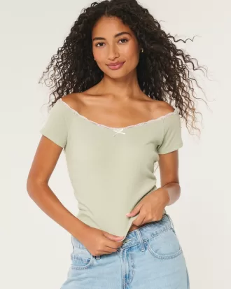 Off-the-Shoulder Lace Trim Top,Off-the-Shoulder Lace Trim Top
