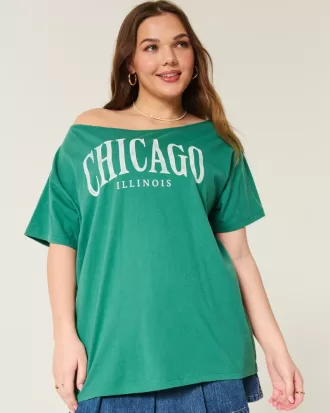 Oversized Off-the-Shoulder Chicago Graphic Tee,Oversized Off-the-Shoulder Chicago Graphic Tee Oversized Off-the-Shoulder Chicago Graphic Tee,Oversized Off-the-Shoulder Chicago Graphic Tee