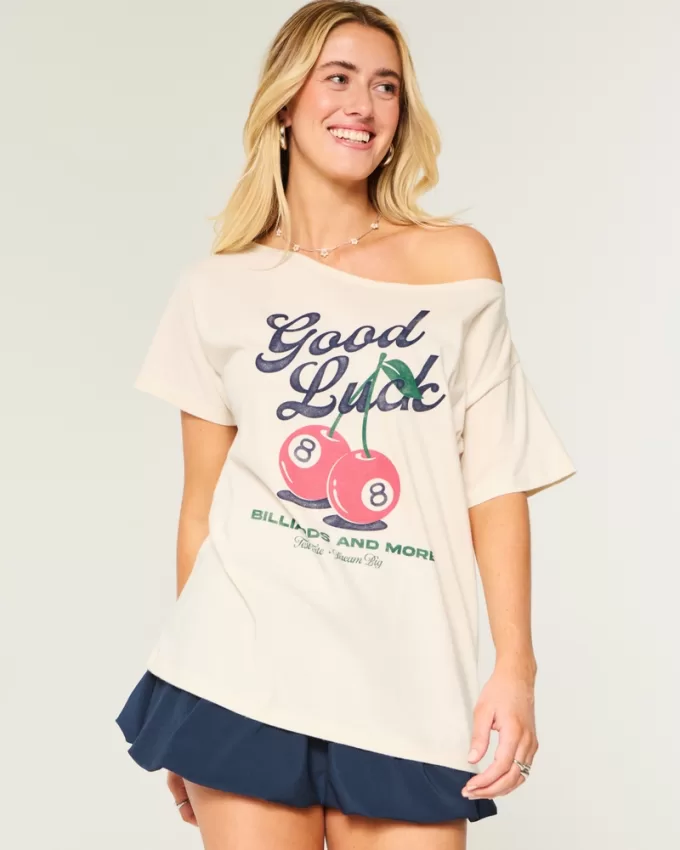 Oversized Off-the-Shoulder Good Luck Graphic Tee,Oversized Off-the-Shoulder Good Luck Graphic Tee Oversized Off-the-Shoulder Good Luck Graphic Tee,Oversized Off-the-Shoulder Good Luck Graphic Tee