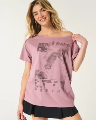 Oversized Off-the-Shoulder Reneé Rapp Graphic Tee,Oversized Off-the-Shoulder Reneé Rapp Graphic Tee