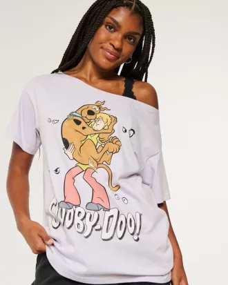 Oversized Off-the-Shoulder Scooby-Doo Graphic Tee,Oversized Off-the-Shoulder Scooby-Doo Graphic Tee