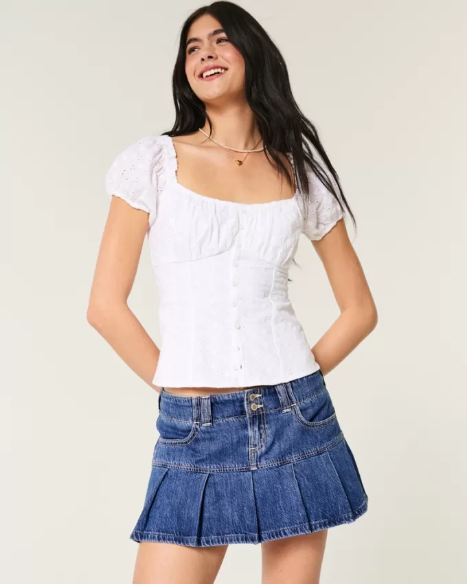 Pleated Denim Mini Skort,Pleated Denim Mini Skort