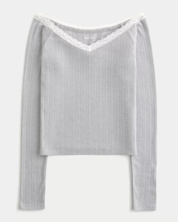 Pointelle Lace Trim Top,Pointelle Lace Trim Top