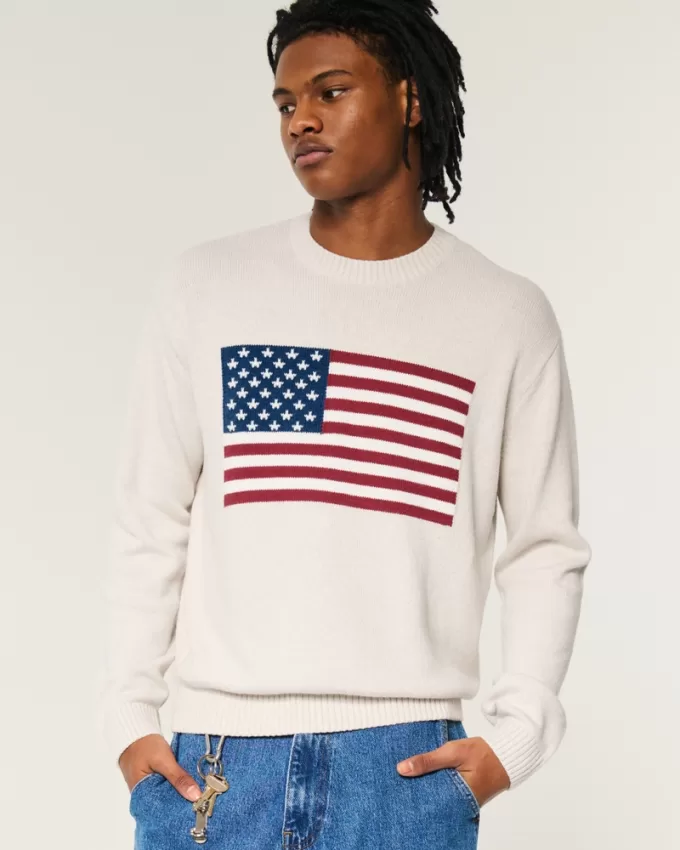 Relaxed American Flag Graphic Crew Sweater,Relaxed American Flag Graphic Crew Sweater