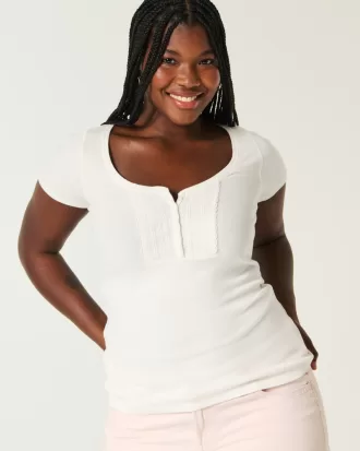 Ribbed Lace Placket Scoop Henley,Ribbed Lace Placket Scoop Henley