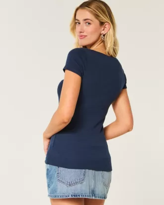 Ribbed Lace Placket Scoop Henley,Ribbed Lace Placket Scoop Henley