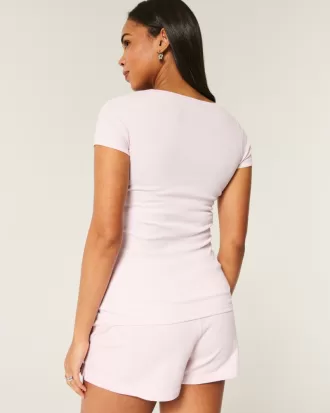 Ribbed Lace Placket Scoop Henley,Ribbed Lace Placket Scoop Henley