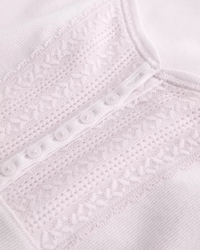 Ribbed Lace Placket Scoop Henley,Ribbed Lace Placket Scoop Henley