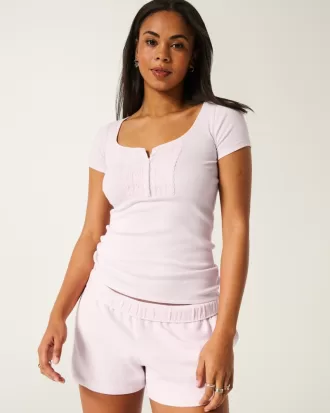 Ribbed Lace Placket Scoop Henley,Ribbed Lace Placket Scoop Henley